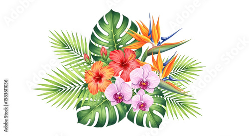 Vibrant tropical flowers and lush green leaves create an exotic botanical arrangement
