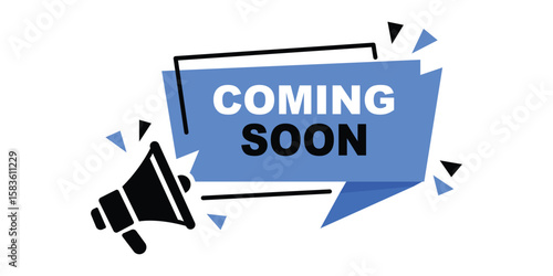 Bold blue “Coming Soon” promotional banner with megaphone icon and decorative shards for website, event, or product launch use