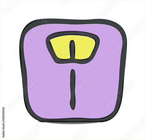 Cartoon drawing of a purple bathroom scale with yellow display on a white background.