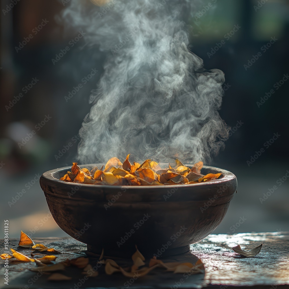 Aromatic Smoke Rising from Bowl of Leaves and Spices in Warm Light Aromatic Smoke Rising from Bowl of Leaves and Spices in Warm Light