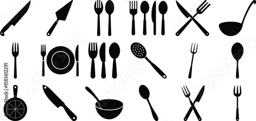 Cutlery set. Kitchenware silhouette on white. Table knife and fork collection. Vector illustration.