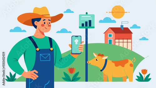 An illustration of a farmer checking the feed levels and delivery schedule of their livestock through an IoTenabled feed dispenser app providing convenience and peace of mind.. Vector illustration