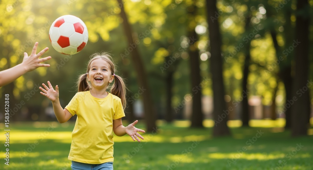 Obraz premium Young girl playing with a soccer ball in park during summer 