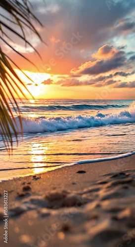Tropical Beach Sunset With Waves And Palm Fronds Golden Hour Paradise