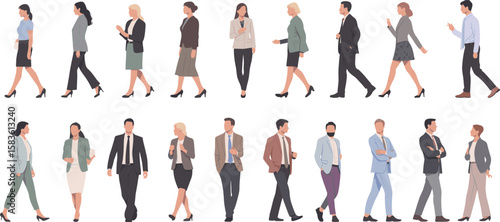 Business professionals walking and interacting, modern corporate attire, teamwork motion, office people movement, casual formal diversity, isolated on white
