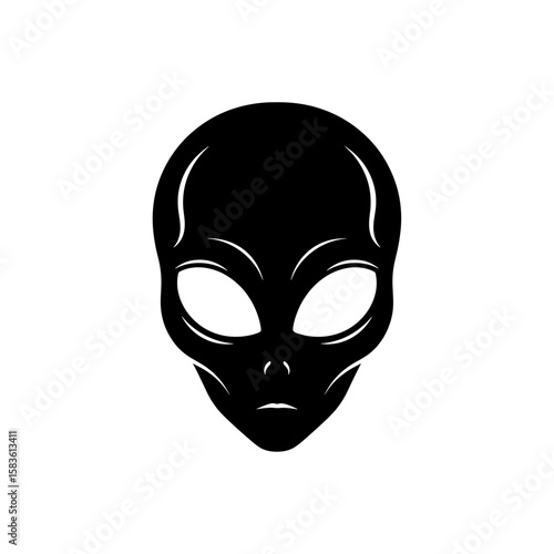 A graphic depiction of an alien head with large eyes and a smooth cranium shape in a vector format