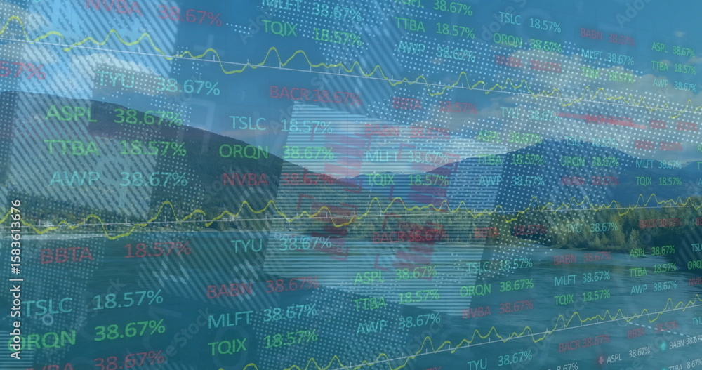 Obraz premium Displaying translucent overlay over mountain lake, showing stock tickers values and yellow charts