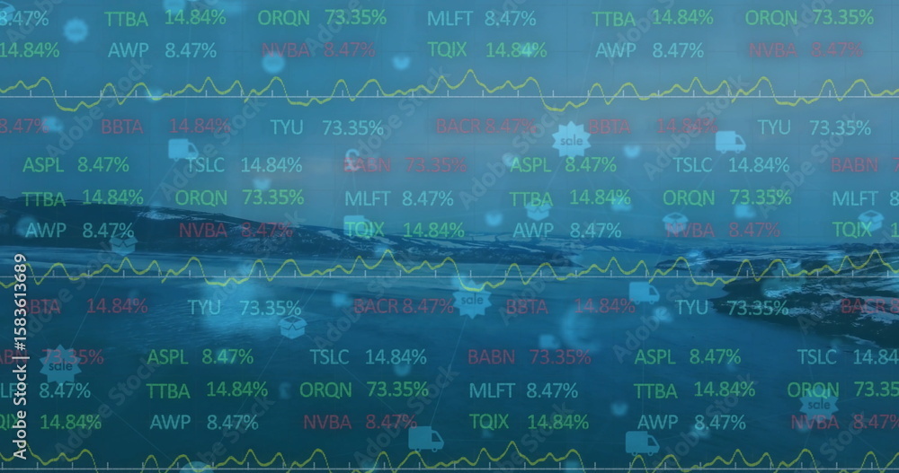 Obraz premium Reflecting snow-capped mountains in dark lake at lakeside, overlaying financial data