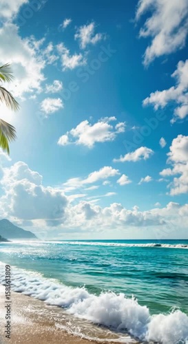 Tropical Beach Paradise Waves Washing Onto Sandy Shoreline Under Blue Sky