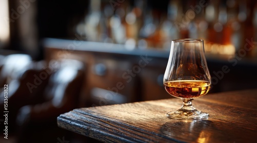 A close-up view of a whiskey glass filled with amber liquid, placed on a rustic wooden bar counter.