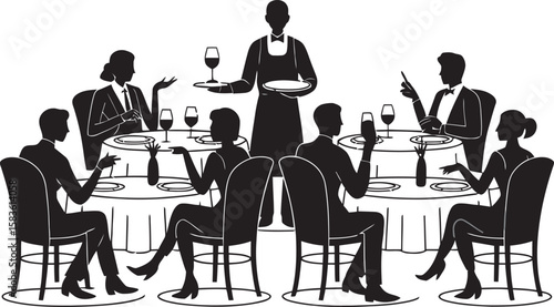 Elegant Dinner Party Silhouette Vector – Group Dining with Waiter Service at Round Tables