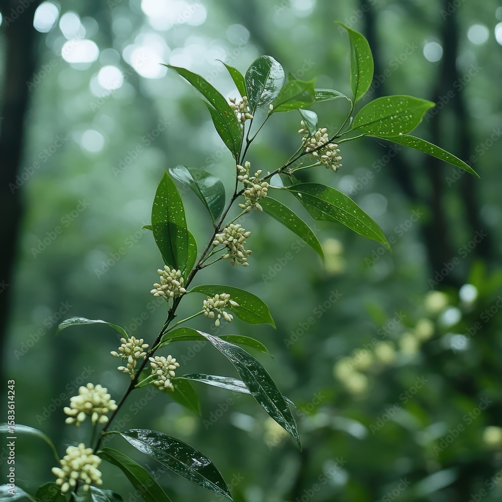 Fototapeta premium Lush Greenery and Delicate Flowers in a Misty Forest Environment