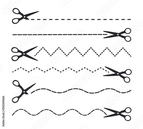 Set of graphic dotted lines for cutting with scissors in cartoon style. Vector illustration of scissors of different shapes, dotted lines: straight, zigzag, wavy, isolated on white background.