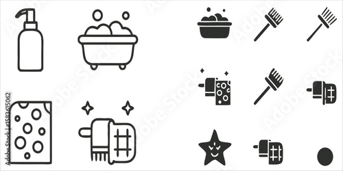 Cleaning and Hygiene Icons, Housekeeping and Bathroom
