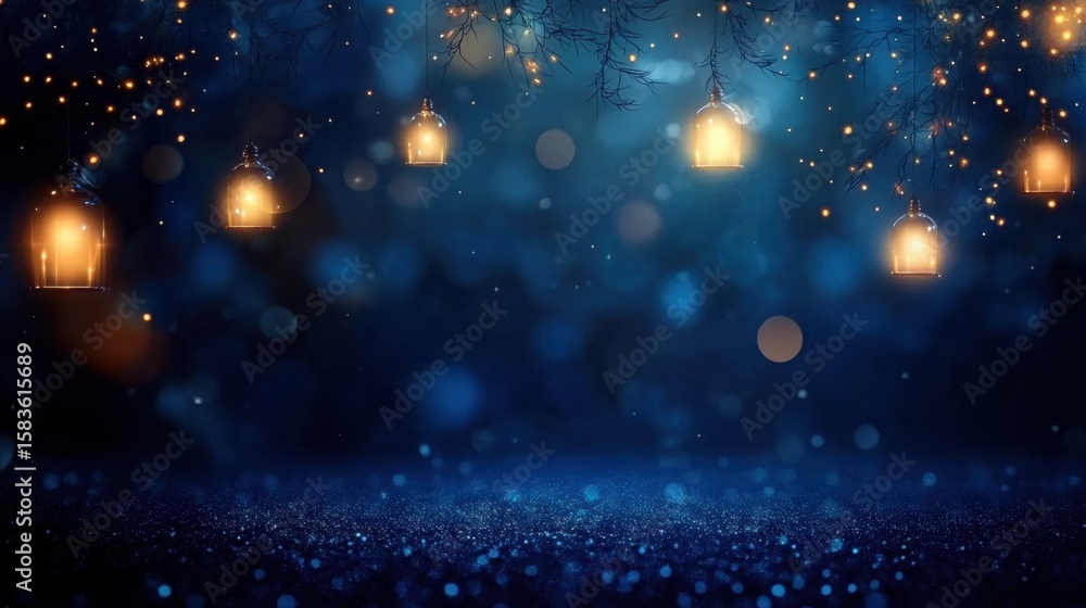 Fototapeta premium Dark blue background with glowing lights and bokeh- creating an atmosphere of mystery and magic.
