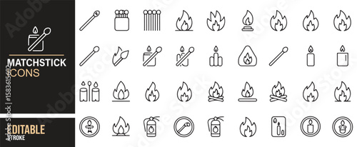 Match and Flame Icons Set Featuring Safety Tools, Matchboxes, and Fire Hazards