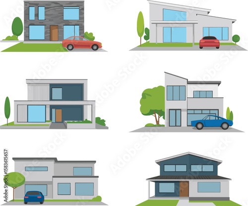 Contemporary modern house illustrations set, sleek home exteriors with clean lines, cars parked, urban architecture, minimalist facades, stylish landscaping, vector residential design bundle