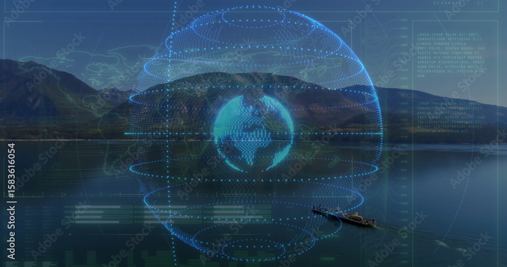 Fototapeta premium Hovering holographic globe projecting digital data over alpine lake, with tourists rowing boat