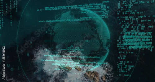 Hovering wireframe globe floating over rocky coastline, with code streams and grid overlays © vectorfusionart