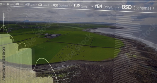 Displaying aerial farmland, grazing cattle and coastline with semi-transparent currency tickers © vectorfusionart