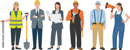 Diverse construction workers and engineers wearing safety gear, holding tools and blueprints, professional teamwork at building site illustration, isolated concept