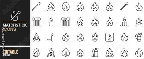Matchstick Icons Collection Featuring Flames, Matchboxes, and Fire-related Tools

