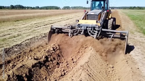 Tractor digging a trench in a field