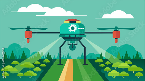 An advanced drone equipped with a precision sprayer system uses realtime data and mapping to accurately target pesticide application to specific areas of a crop field. This reduces. Vector