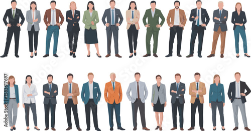 Diverse group of professional business people in formal attire, standing confidently, teamwork concept, corporate staff, isolated on white background