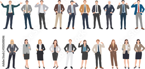 Diverse group of confident business professionals, male and female office workers in formal attire standing isolated on white background