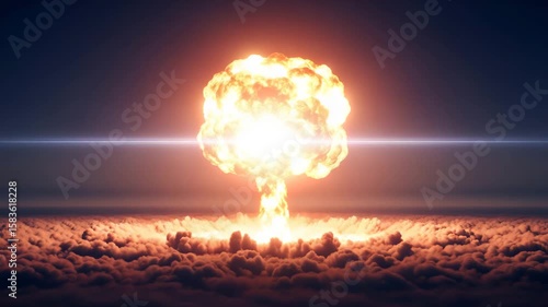 A powerful nuclear explosion, a mushroom cloud rises into the sky, spreading an orange glow. An apocalyptic view: a fiery explosion and plumes of smoke on the horizon.