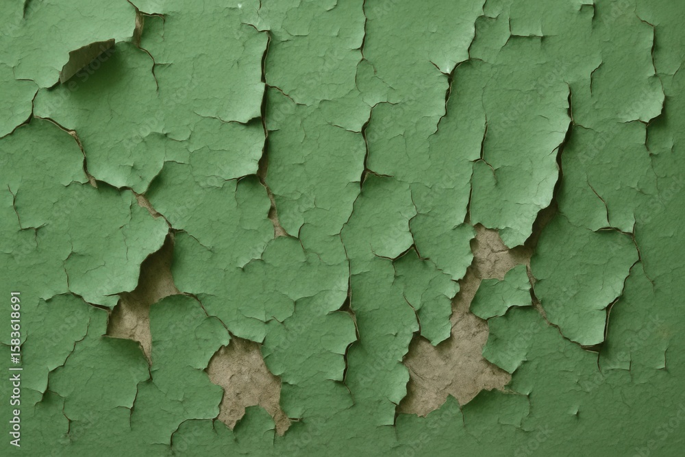 Obraz premium A close-up view of a weathered green wall, revealing its peeling paint and exposed layers beneath