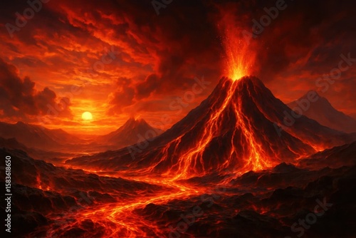 a volcanic eruption unfolds under a dramatic sunset, casting an eerie glow over the barren landscape