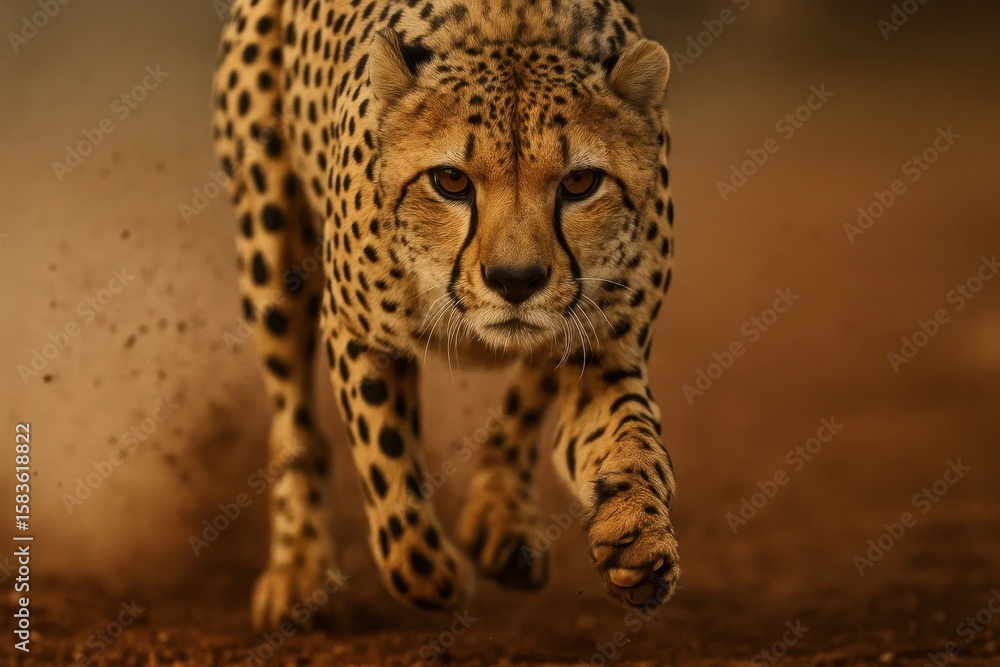 Fototapeta premium In the heart of the wild, a cheetah charges forward with unbridled power, its spotted coat gleaming in the sunlight as it races across the savanna