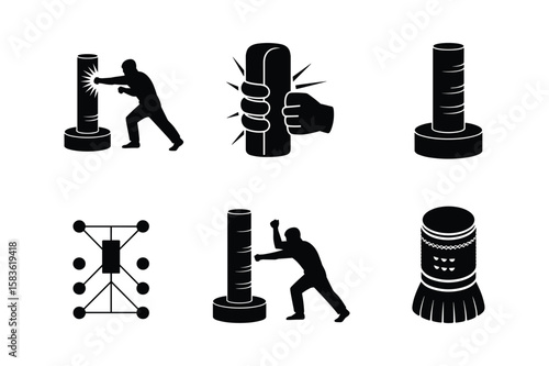 Silhouette figures punching and striking training equipment person