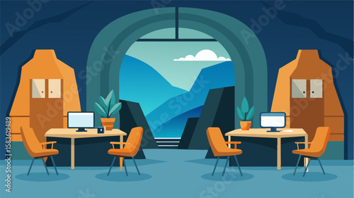 The hotels cave rooms are equipped with large desks and comfortable chairs allowing you to work in comfort and style.. Vector illustration
