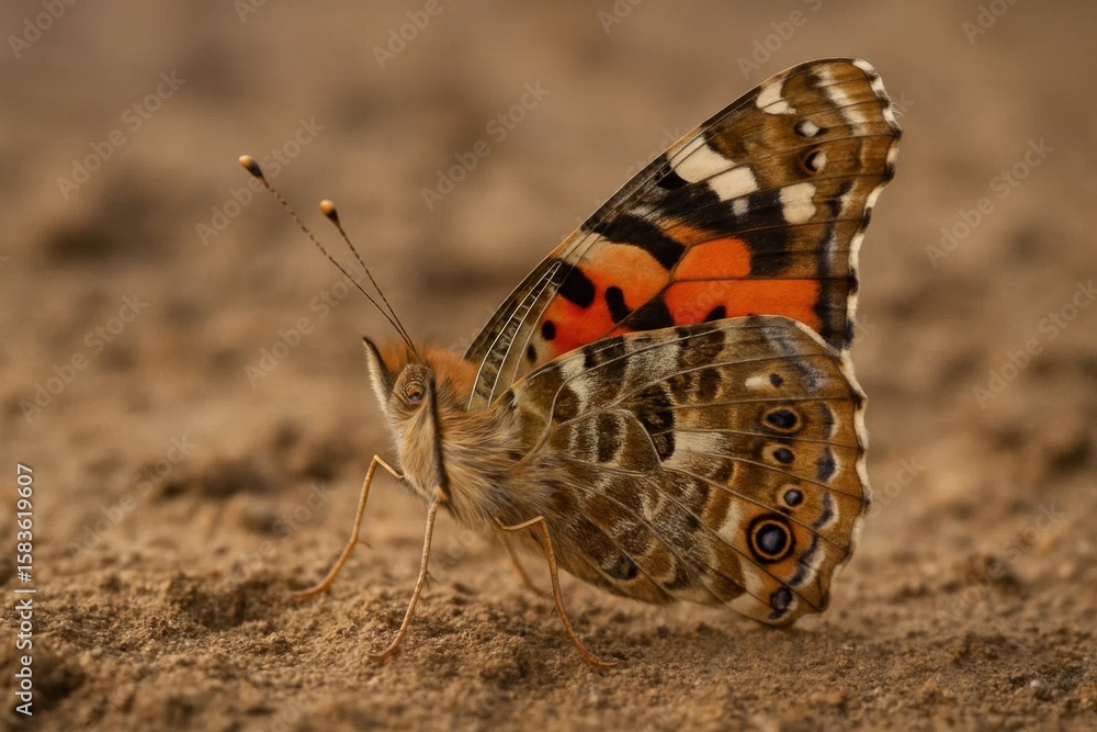Obraz premium Amidst the earthy canvas of nature, this vibrant butterfly stands out with its striking orange wings and intricate patterns, a testament to the beauty found in simplicity