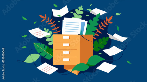 Papers and documents are strewn across a makeshift filing cabinet held together by vines and twine.. Vector illustration
