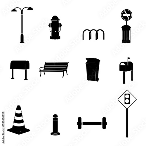  Urban street furniture and traffic control icons in silhouette style