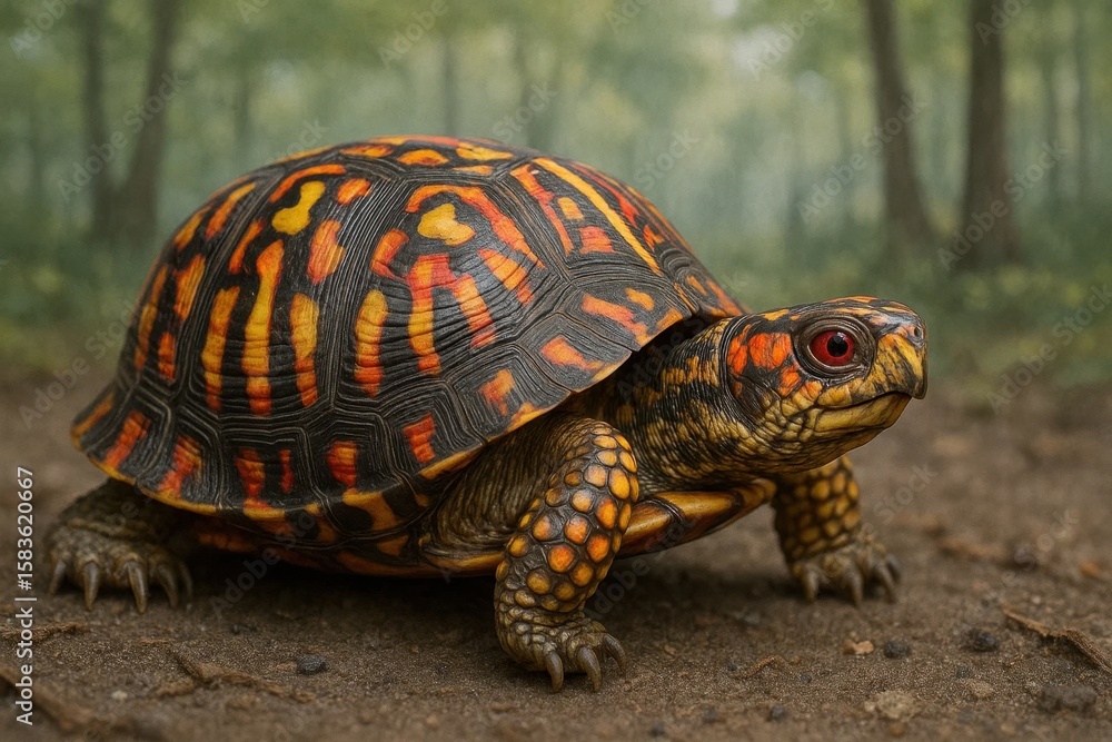 Obraz premium A vibrant red-orange turtle with intricate black patterns cautiously navigates a forest floor, its gaze fixed on the camera