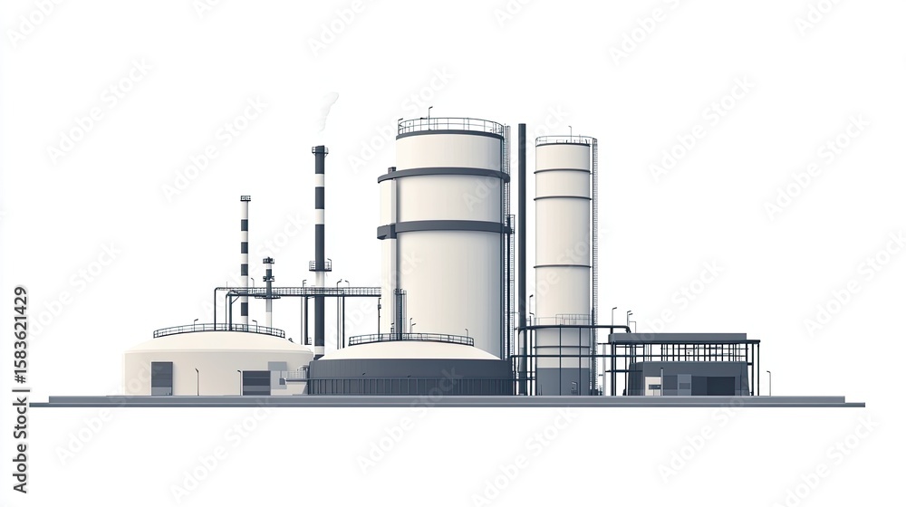 Obraz premium Industrial Complex with Storage Tanks and Smoke Stacks Against White Background