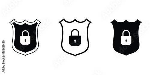 Set of Minimalistic security icon featuring a padlock inside a shield, symbolizing protection and privacy in digital and physical environments.