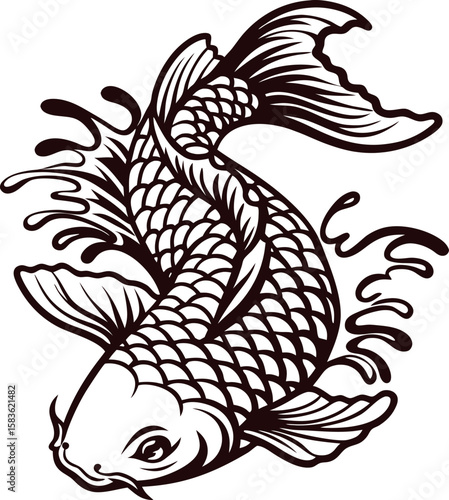 Detailed black and white koi fish illustration with decorative water splash and intricate scales design