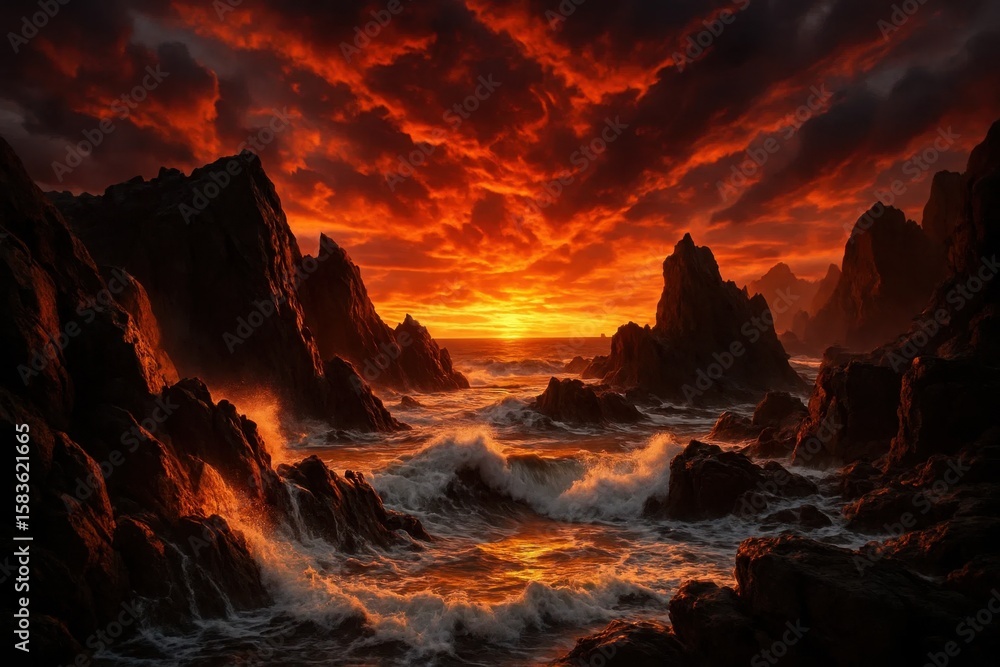 Fototapeta premium A fiery sunset over a stormy sea, casting a dramatic glow on the rugged coastline