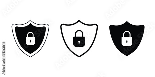 Set of Minimalistic security icon featuring a padlock inside a shield, symbolizing protection and privacy in digital and physical environments.