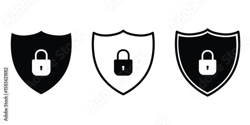 Set of Minimalistic security icon featuring a padlock inside a shield, symbolizing protection and privacy in digital and physical environments.