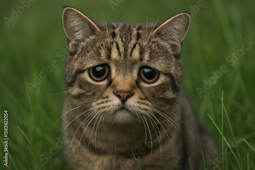 Wallpaper Mural A tabby cat gazes into the camera with a pensive expression, set against the soft green of grass Torontodigital.ca