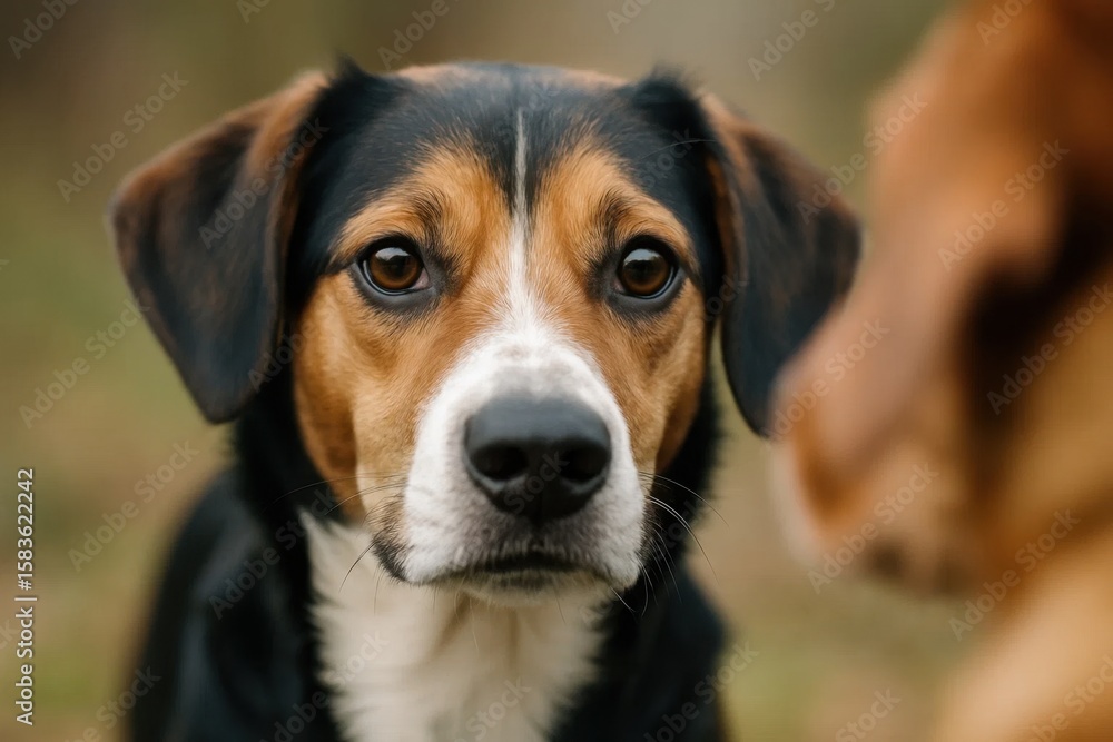 A moment of curiosity captured in the eyes of a mixed-breed dog A moment of curiosity captured in the eyes of a mixed-breed dog