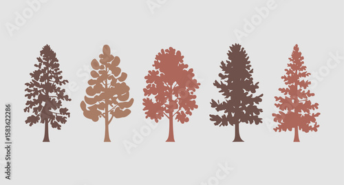 Silhouette Illustration of Five Different Tree Species in Earth Tone Colors