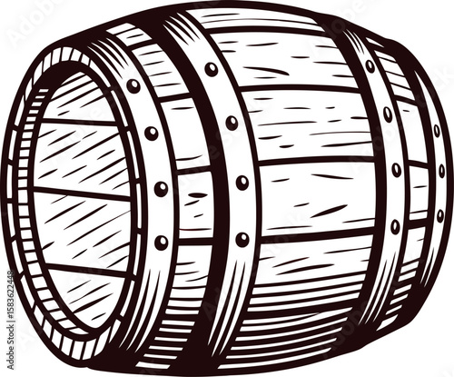 Hand drawn wooden barrel isolated vintage engraved oak cask illustration for brewing, whiskey, wine, or storage concepts
